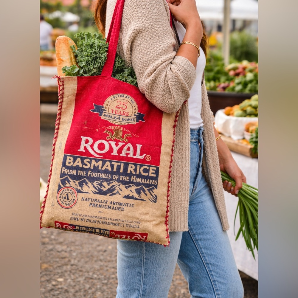 Royal Basmati Rice Burlap Tote Bag Zippered Reusable Market Grocery‎ Sack Jute
